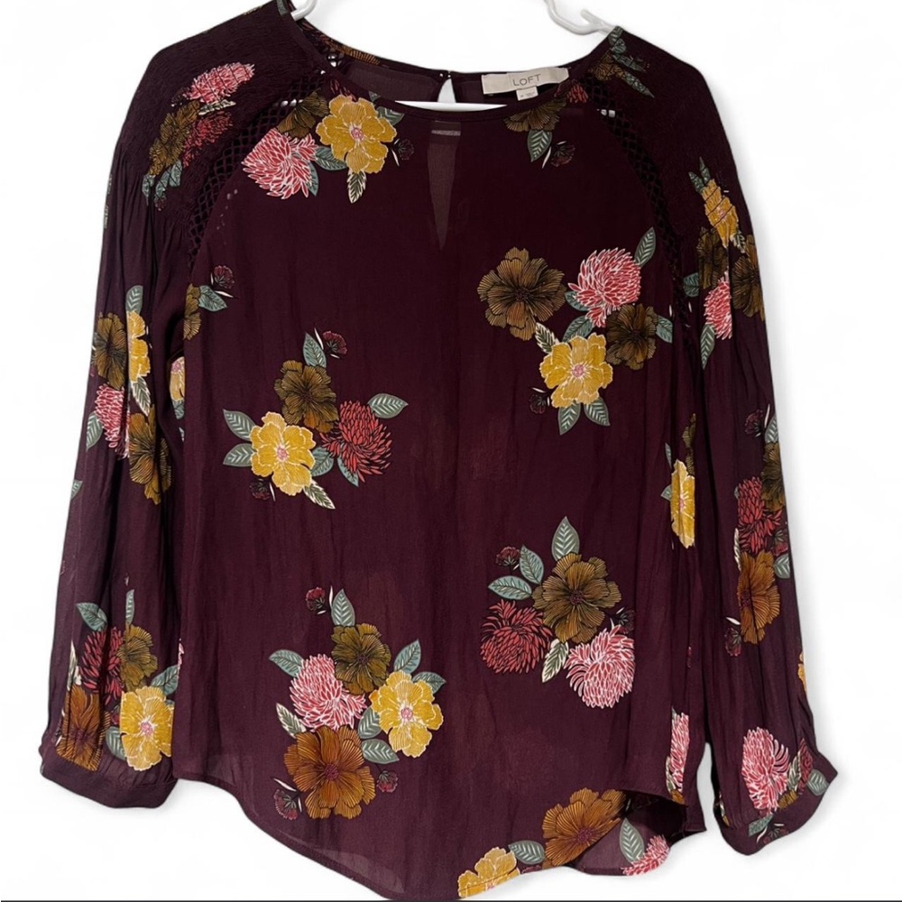 LOFT Burgundy Floral Blouse with Long Sleeves